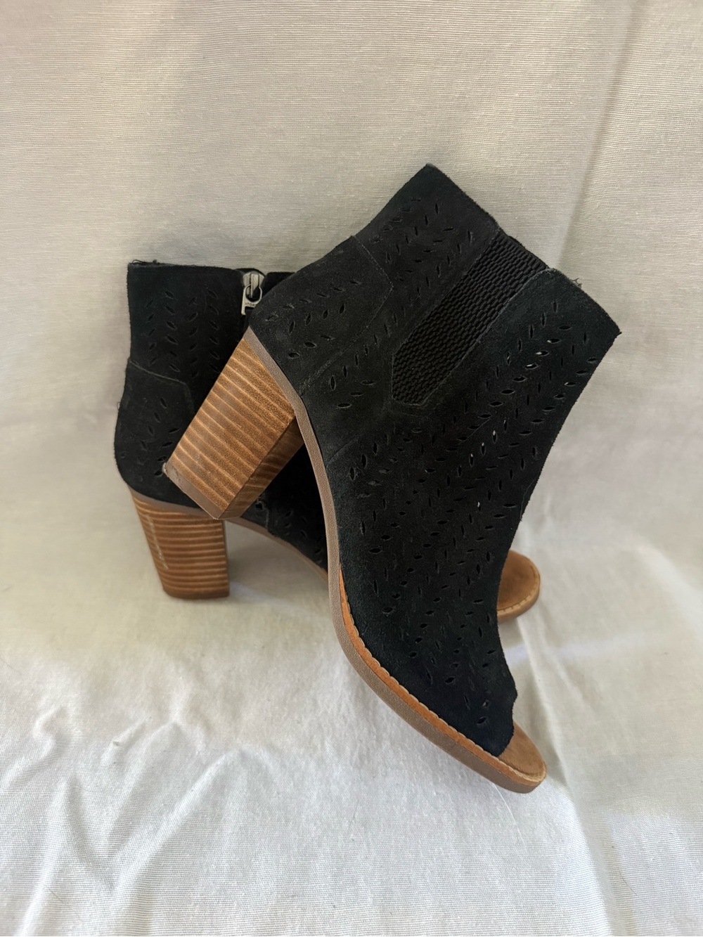Toms Black Suede Perforated Peep-Toe Block Heel Mules